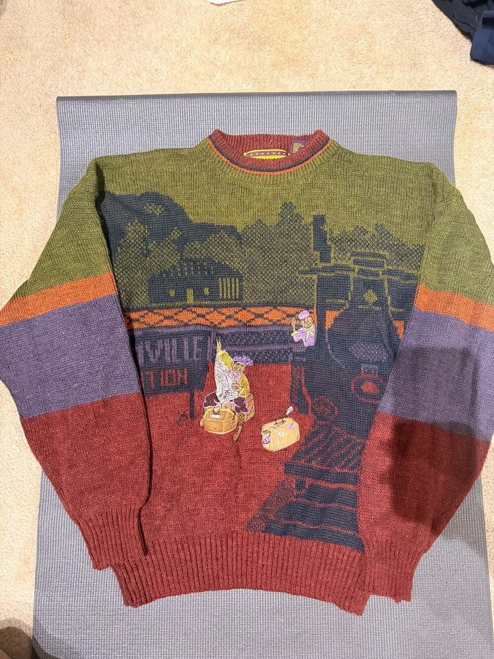 Vintage Intermission Train Station Graphic Knit Sweater Size L